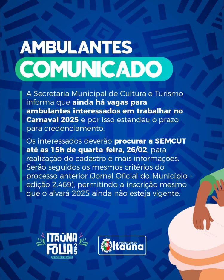 Ainda tem vagas para vendedor ambulante no Carnaval de Itaúna